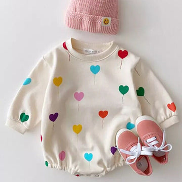 長袖ロンパース Heart / 66cm ベビーロンパース カラフルハート バルーンプリント 風船 長袖ロンパース【mh0000694】