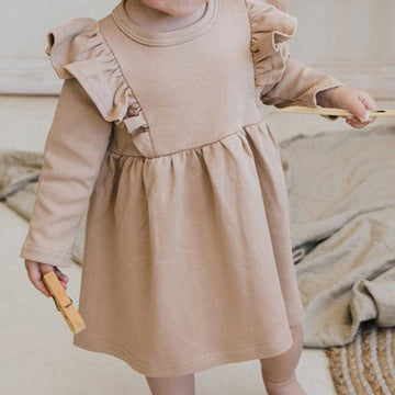 長袖ワンピース Khaki / 12M 80cm キッズ ショルダー ラッフル フリル 長袖 ワンピース【mh0000931】