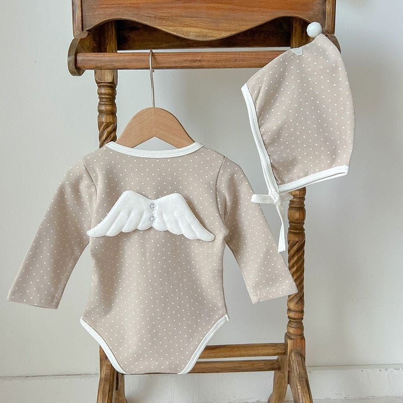 長袖ロンパース Khaki / 12M 80cm ベビー みずたま 天使の羽 長袖 ロンパース 帽子 セット【mh0001138】