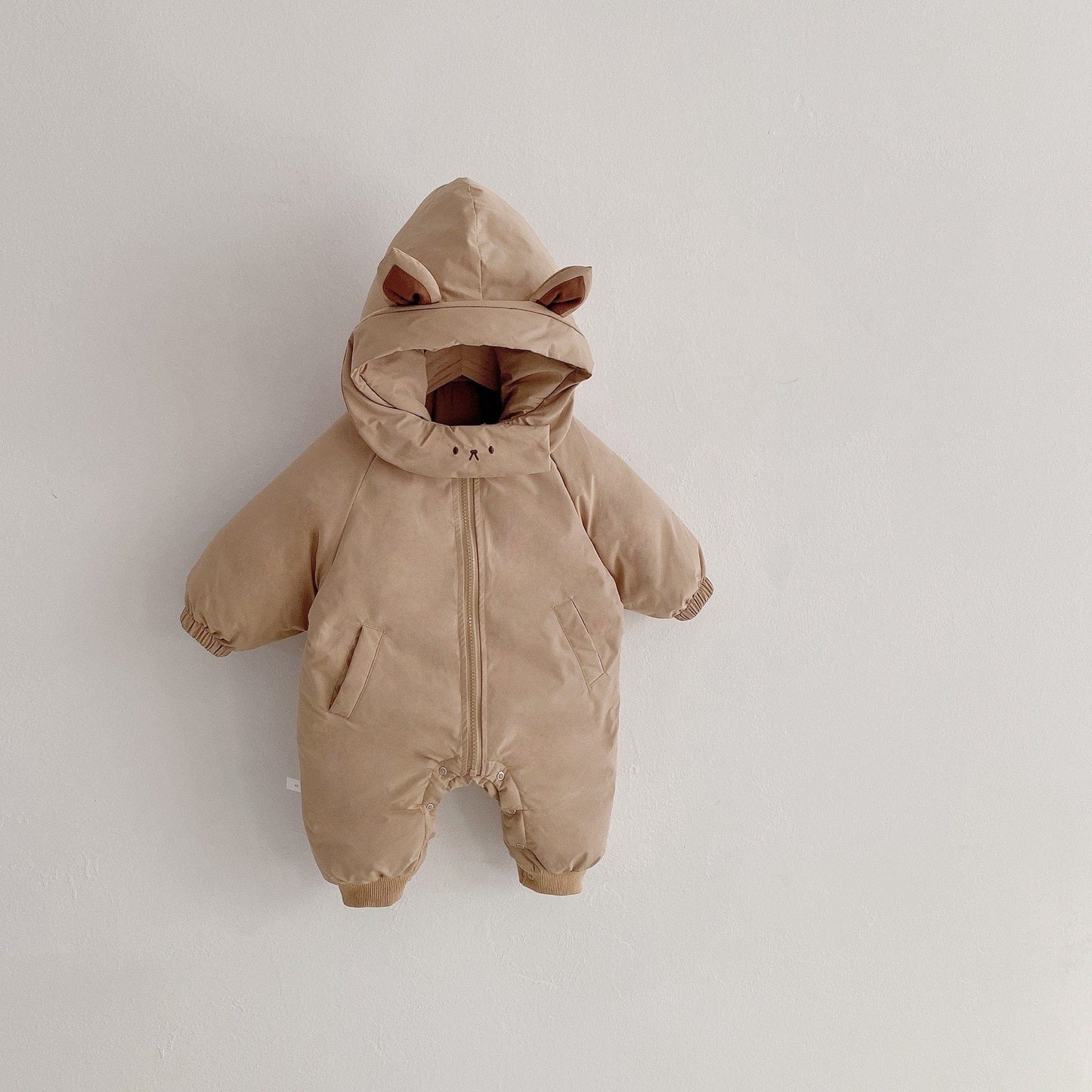 アウタージャンプスーツ Khaki / 66cm ベビー くま ねこ 耳付き フーディ アウター ジャンプスーツ 防寒 アウター【mh0001058】