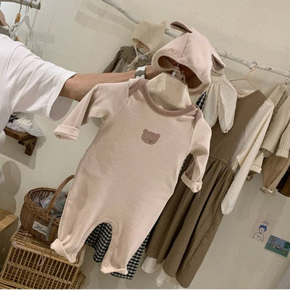 長袖ロンパース Khaki / 6M 66cm ベビー くま うさぎ ロンパース 耳帽子 セット【mh0000115】
