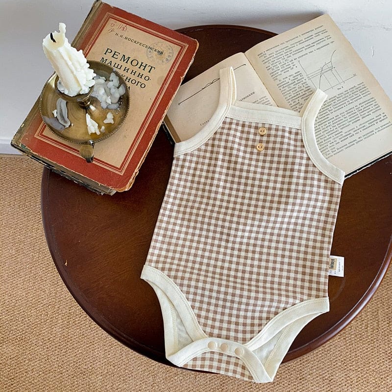 タンクトップ・キャミソール・ノースリーブトップス Khaki / 6M 66cm ベビー ギンガム チェック ノースリーブ キャミソール ベーシック ロンパース【mh0001676】