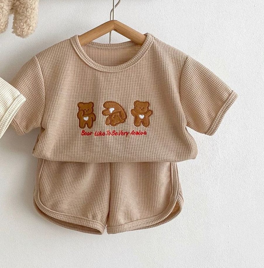 半袖セットアップ Khaki / 6M 66cm ベビー ワッフル セットアップ くま ベア 刺繍 半袖 Tシャツ ショートパンツ