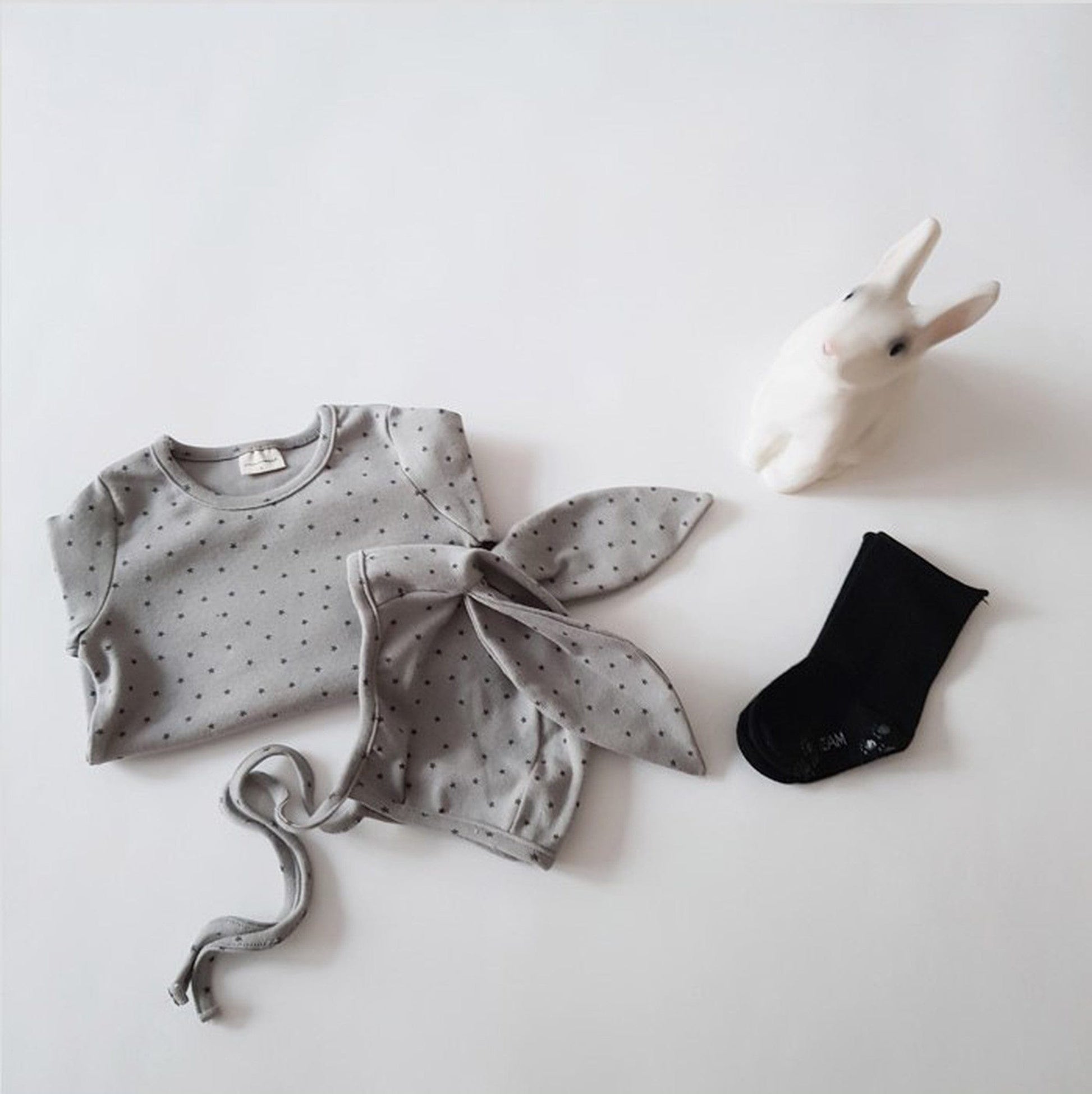 長袖ロンパース ベビーロンパース 帽子セット みずたま水玉 長袖ボディスーツうさ耳帽子【mh0000209】