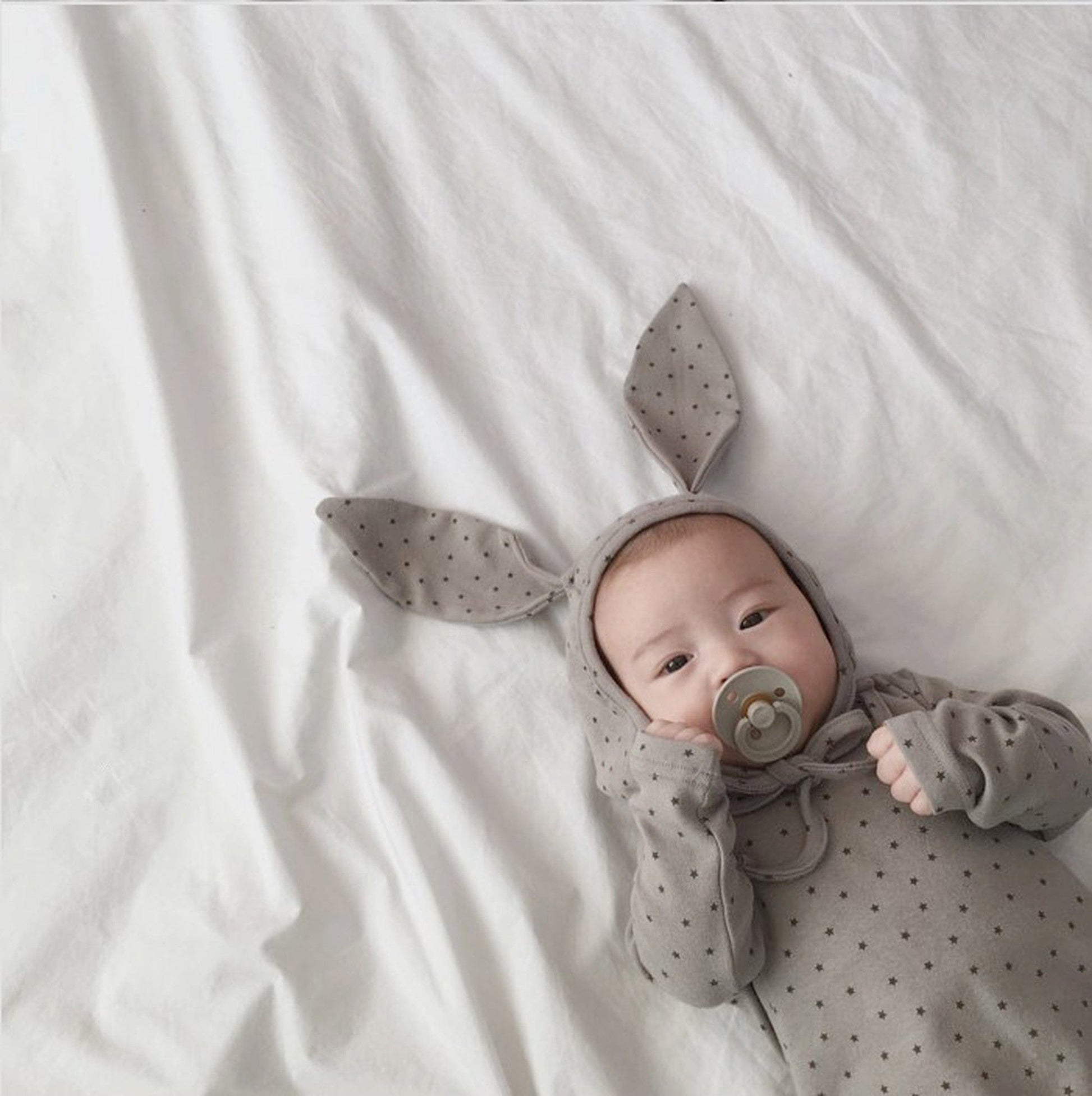 長袖ロンパース ベビーロンパース 帽子セット みずたま水玉 長袖ボディスーツうさ耳帽子【mh0000209】