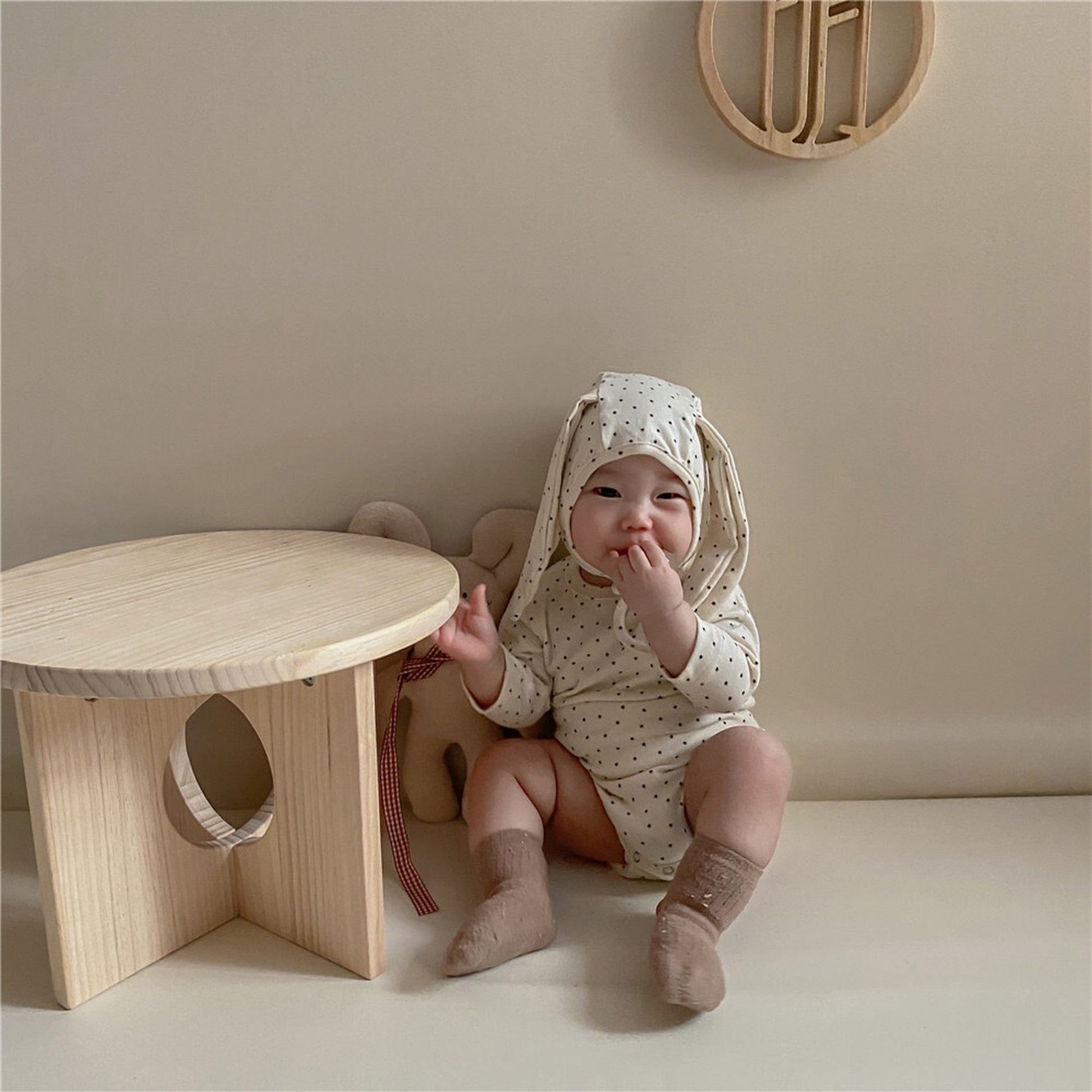 長袖ロンパース ベビーロンパース 帽子セット みずたま水玉 長袖ボディスーツうさ耳帽子【mh0000209】