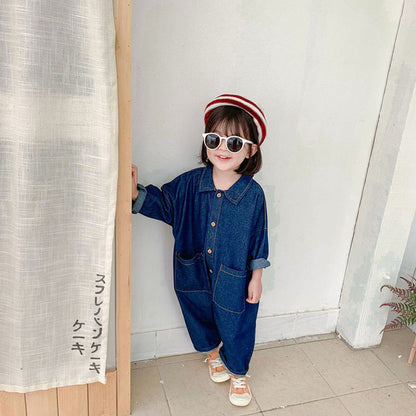 長袖ジャンプスーツ キッズ デニム つなぎ オールインワン ジャンプスーツ【mh0000225】