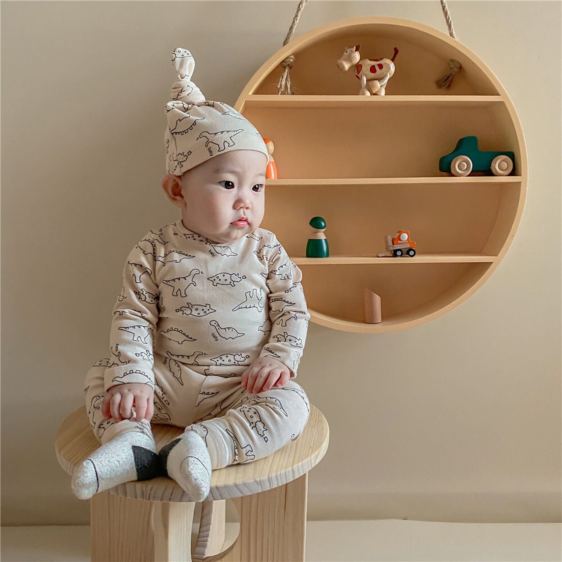 ロンパースセットアップ ベビー 恐竜 ダイナソー セットアップ ロンパース 帽子 トップス パンツ【mh0000227】