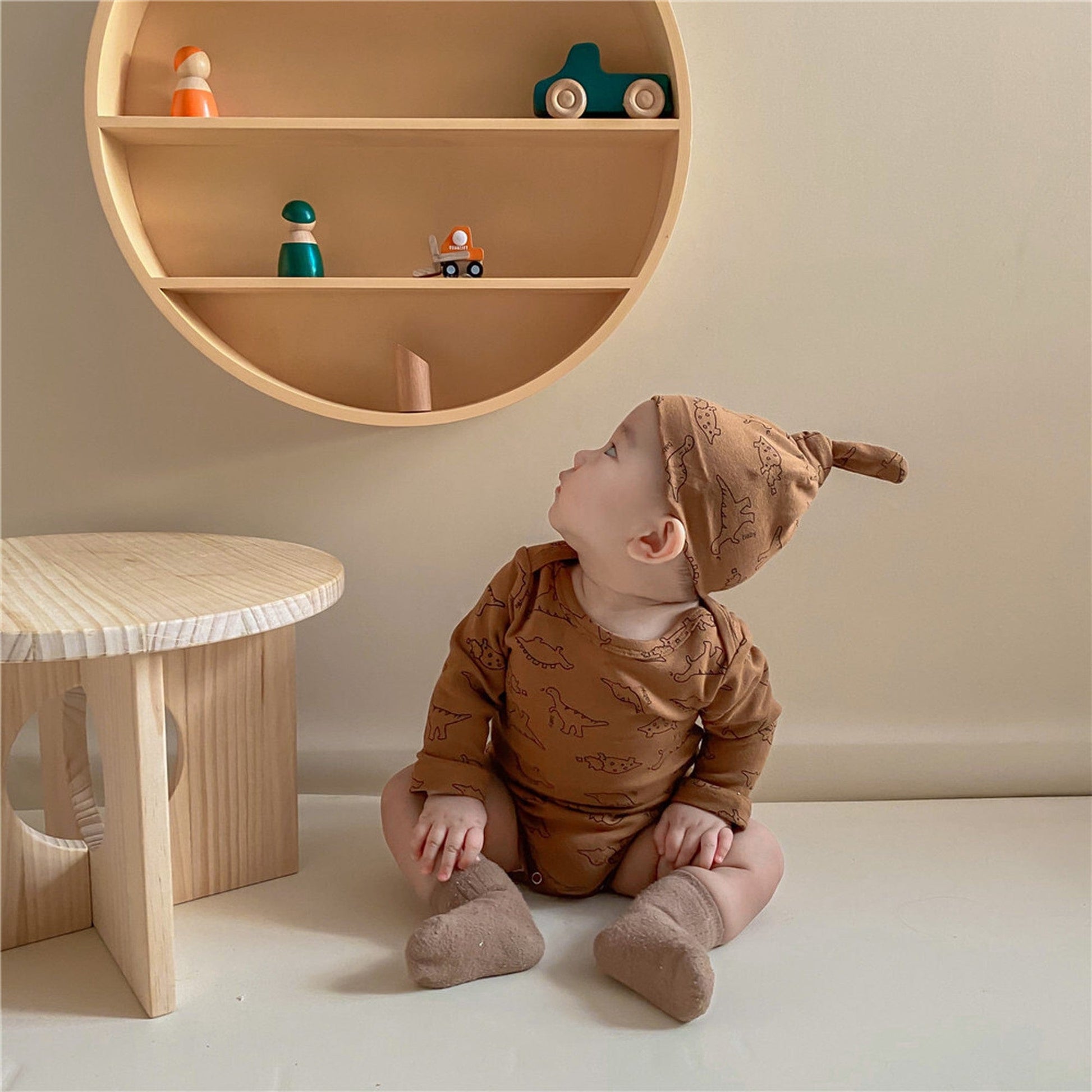 ロンパースセットアップ ベビー 恐竜 ダイナソー セットアップ ロンパース 帽子 トップス パンツ【mh0000227】