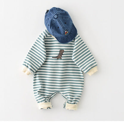 長袖ロンパース ベビー ボーダー 恐竜 刺繍 ロンパース【mh0000372】