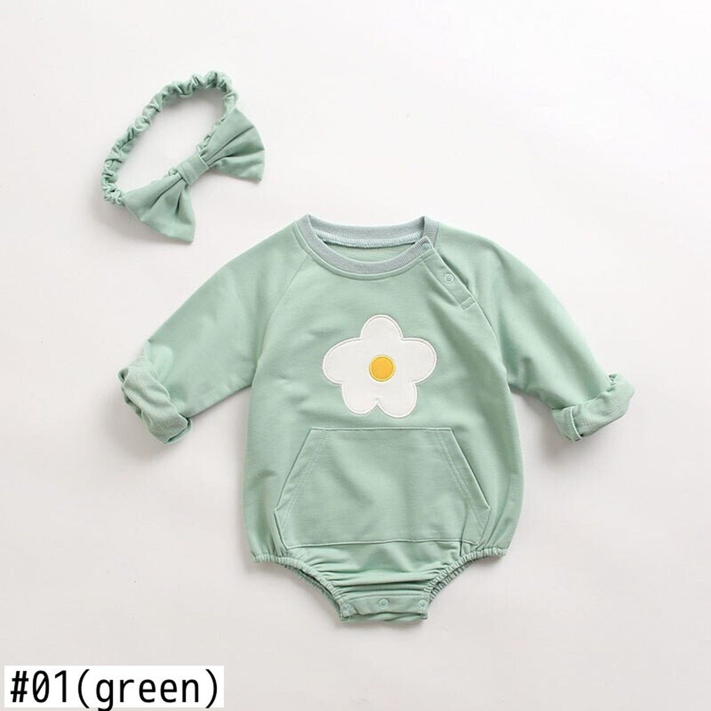 長袖ロンパース ベビー フラワー ロンパース リボン ヘアバンド セット【mh0000400】