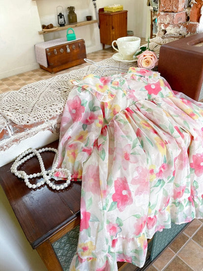 長袖ワンピース キッズ フラワー シフォン ワンピース【mh0000569】