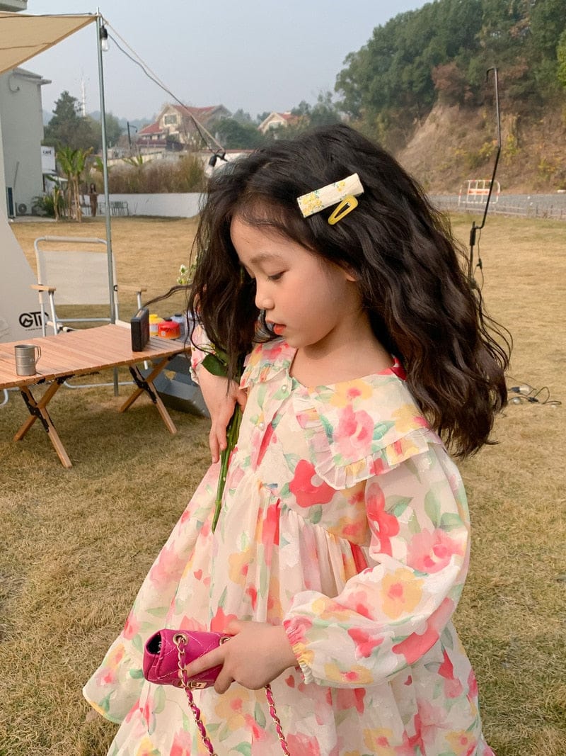 長袖ワンピース キッズ フラワー シフォン ワンピース【mh0000569】