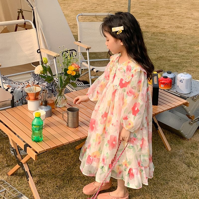 長袖ワンピース キッズ フラワー シフォン ワンピース【mh0000569】