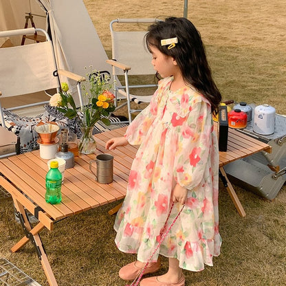 長袖ワンピース キッズ フラワー シフォン ワンピース【mh0000569】