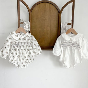 長袖ロンパース ベビー フラワー 刺繍 丸襟 ロンパース ヘアバンド セット【mh0000574】