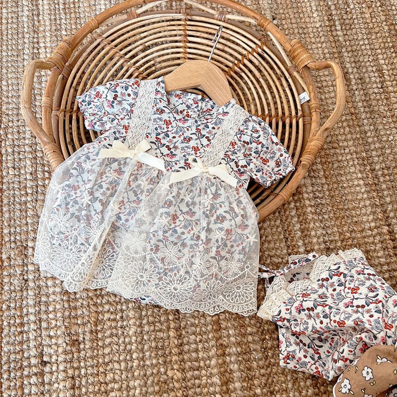 半袖ロンパース ベビー フラワー レース 半袖 ロンパース 帽子 セット【mh0000605】