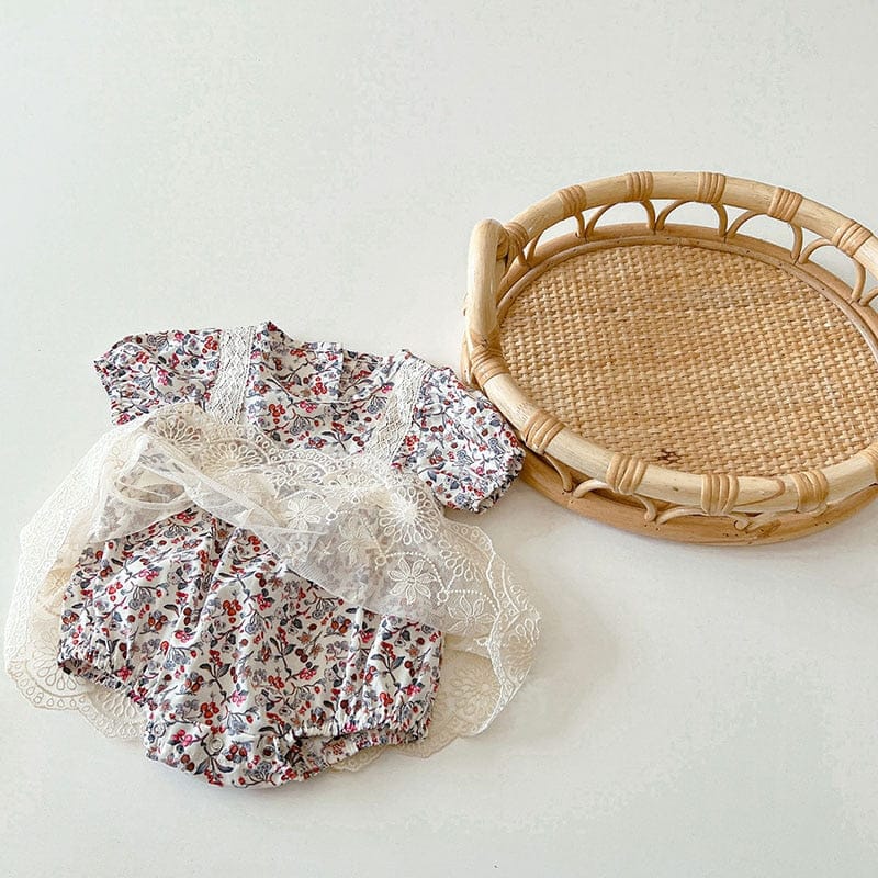 半袖ロンパース ベビー フラワー レース 半袖 ロンパース 帽子 セット【mh0000605】