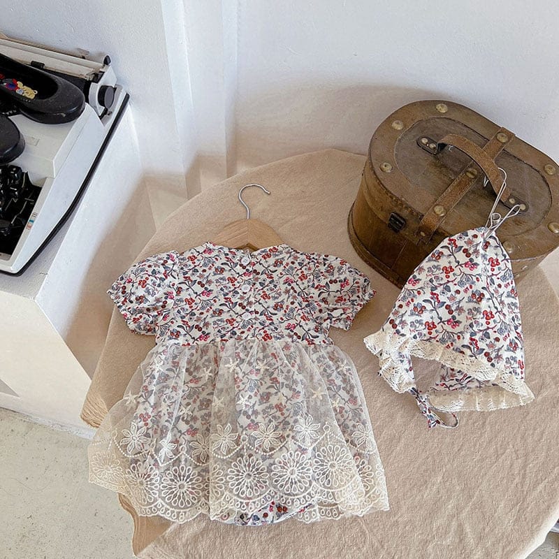 半袖ロンパース ベビー フラワー レース 半袖 ロンパース 帽子 セット【mh0000605】