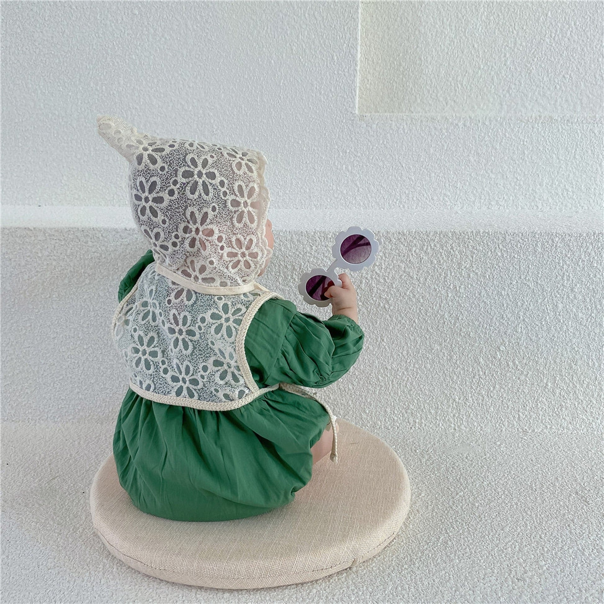 長袖ロンパース ベビー 長袖 ロンパース フラワー レース ボレロ ベスト ボンネット【mh0000691】