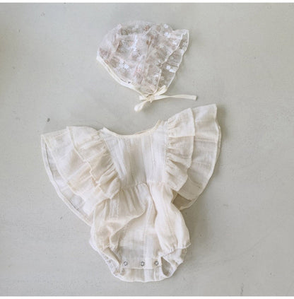 半袖ロンパース ベビー ラッフルフリル バタフライスリーブ フラワー 無地 ロンパース【mh0000708】