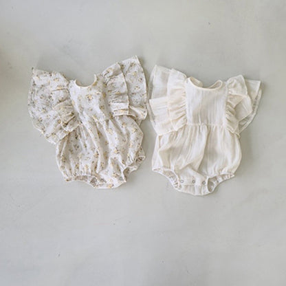 半袖ロンパース ベビー ラッフルフリル バタフライスリーブ フラワー 無地 ロンパース【mh0000708】