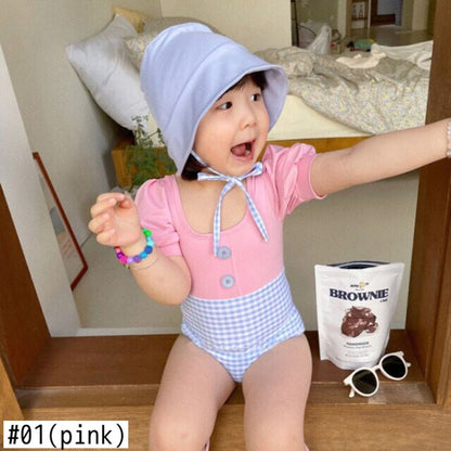 ベビー用水着 キッズ チェック ドッキング パフスリーブ 半袖 ワンピース 水着 帽子 セット スイムスーツ【mh0000710】