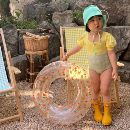 ベビー用水着 キッズ チェック ドッキング パフスリーブ 半袖 ワンピース 水着 帽子 セット スイムスーツ【mh0000710】