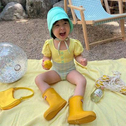 ベビー用水着 キッズ チェック ドッキング パフスリーブ 半袖 ワンピース 水着 帽子 セット スイムスーツ【mh0000710】