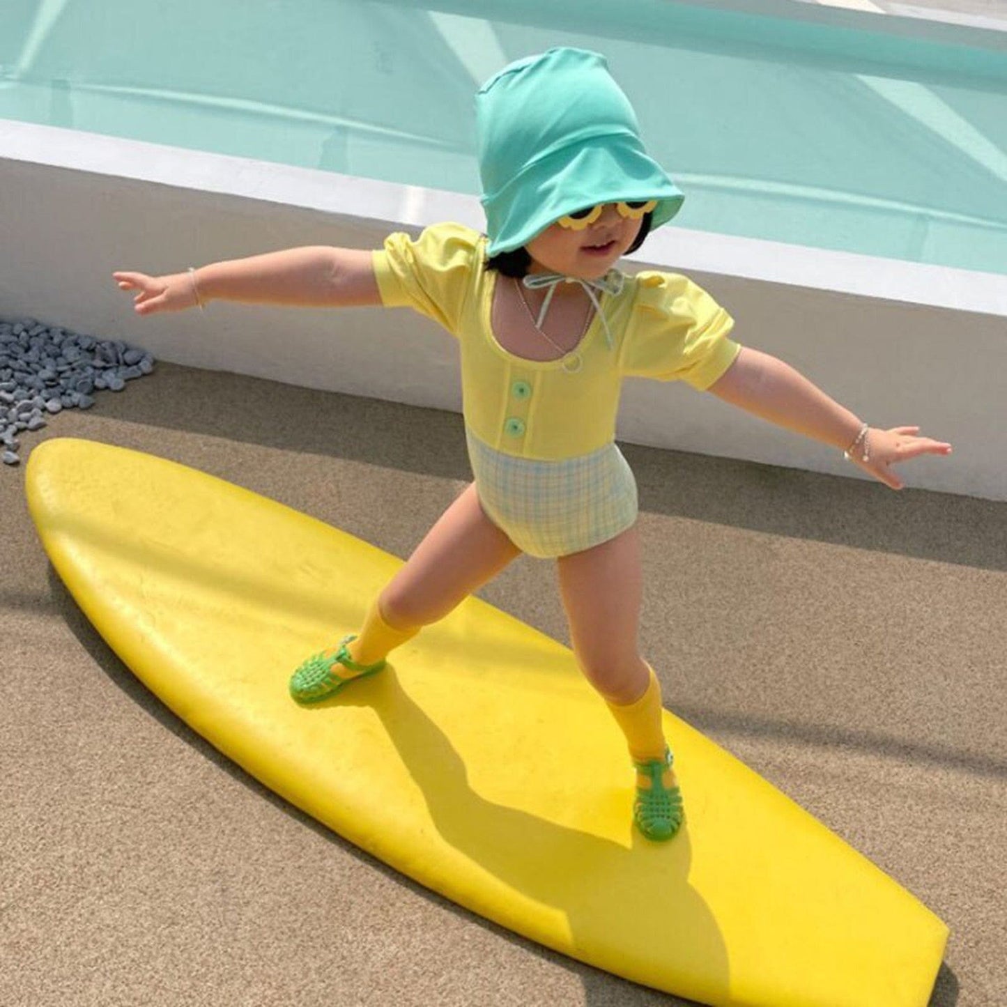 ベビー用水着 キッズ チェック ドッキング パフスリーブ 半袖 ワンピース 水着 帽子 セット スイムスーツ【mh0000710】