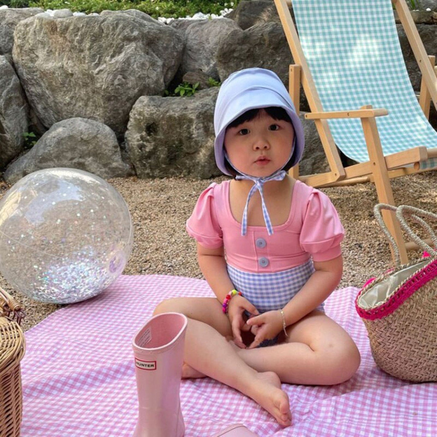 ベビー用水着 キッズ チェック ドッキング パフスリーブ 半袖 ワンピース 水着 帽子 セット スイムスーツ【mh0000710】