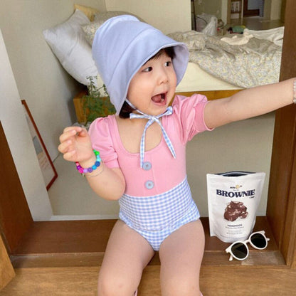 ベビー用水着 キッズ チェック ドッキング パフスリーブ 半袖 ワンピース 水着 帽子 セット スイムスーツ【mh0000710】