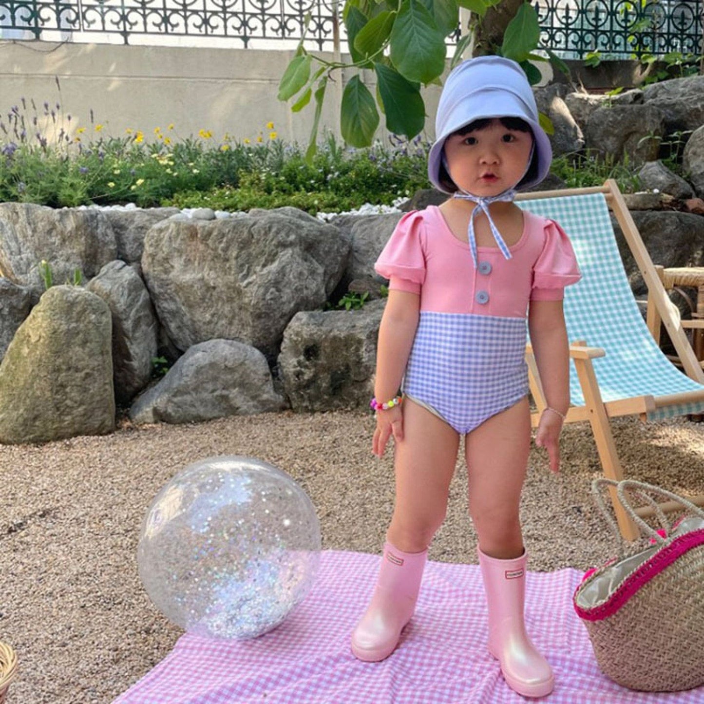 ベビー用水着 キッズ チェック ドッキング パフスリーブ 半袖 ワンピース 水着 帽子 セット スイムスーツ【mh0000710】