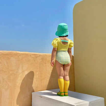 ベビー用水着 キッズ チェック ドッキング パフスリーブ 半袖 ワンピース 水着 帽子 セット スイムスーツ【mh0000710】