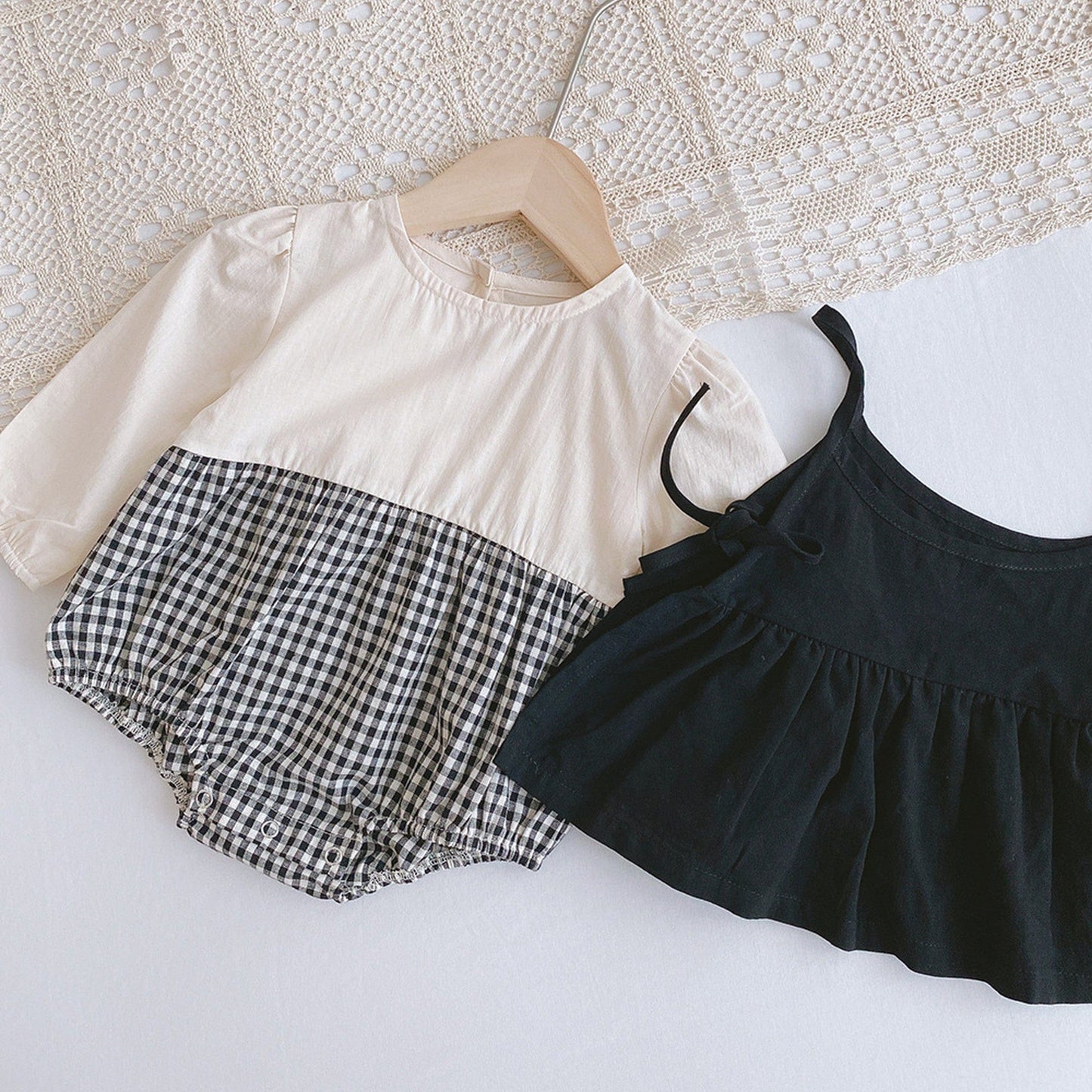 長袖セットアップ ベビー キッズ セットアップ チェック ドッキング ロンパース ワンピース キャミソール ベスト リンク 姉妹お揃い コーデ【mh0000736】