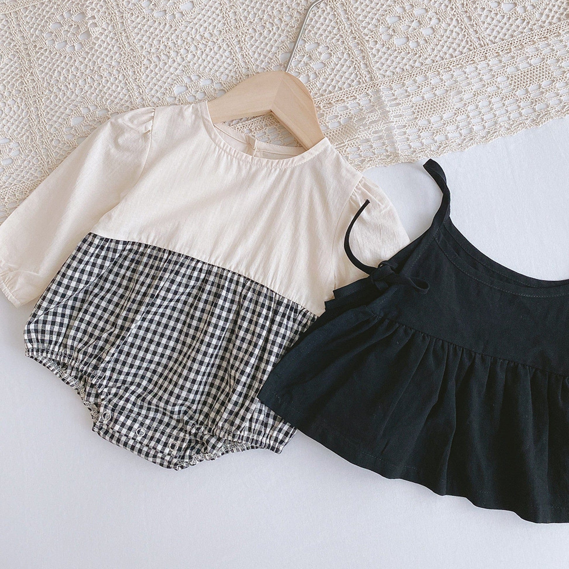 長袖セットアップ ベビー キッズ セットアップ チェック ドッキング ロンパース ワンピース キャミソール ベスト リンク 姉妹お揃い コーデ【mh0000736】