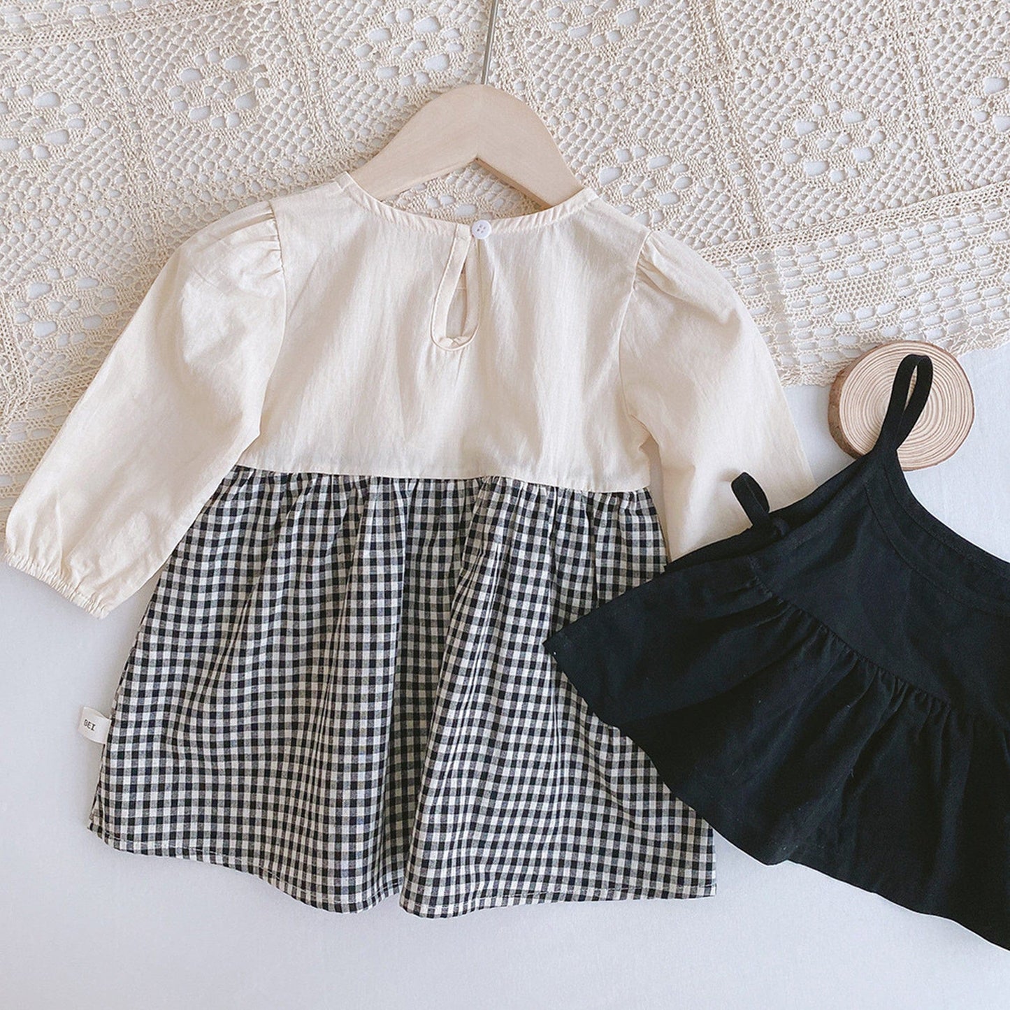 長袖セットアップ ベビー キッズ セットアップ チェック ドッキング ロンパース ワンピース キャミソール ベスト リンク 姉妹お揃い コーデ【mh0000736】