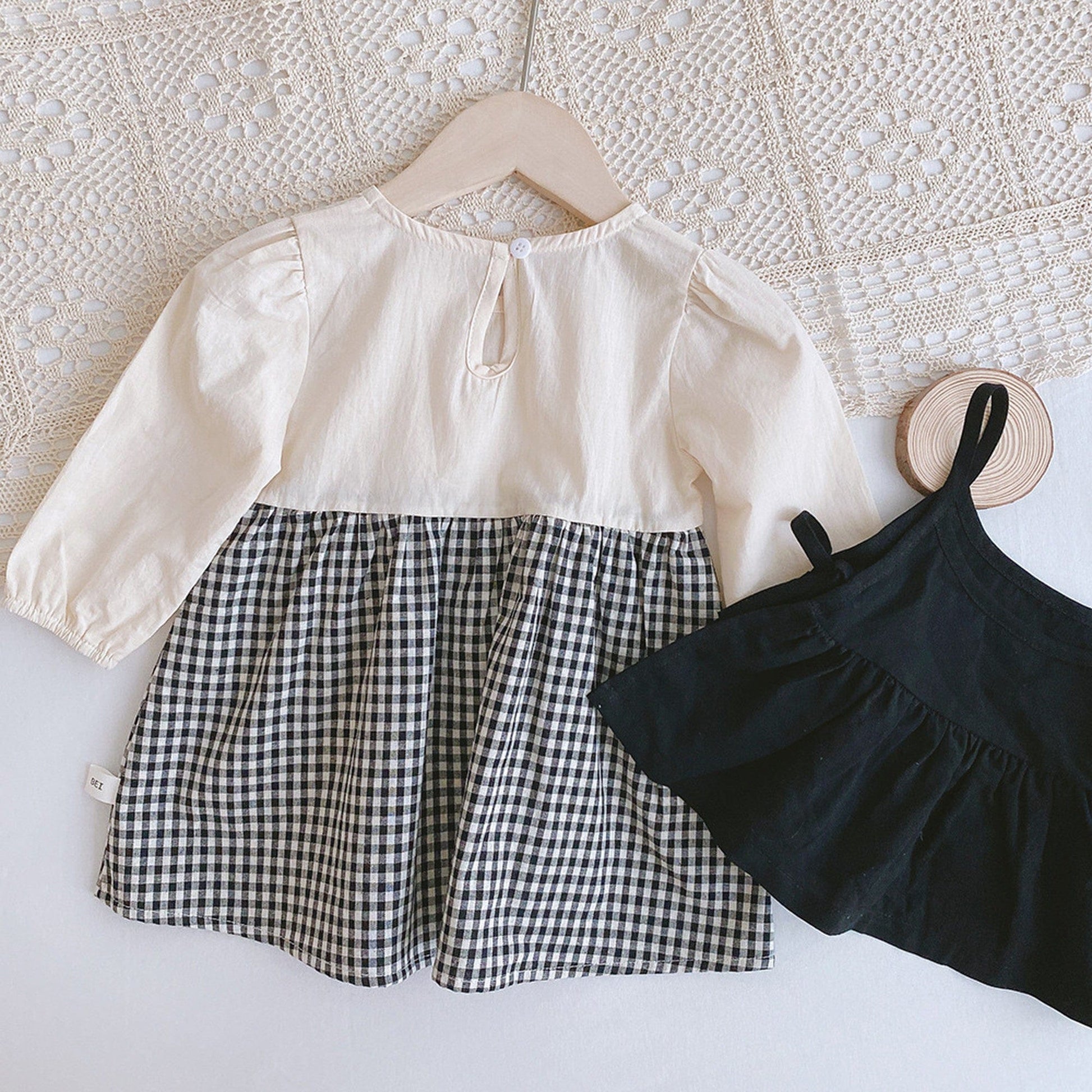 長袖セットアップ ベビー キッズ セットアップ チェック ドッキング ロンパース ワンピース キャミソール ベスト リンク 姉妹お揃い コーデ【mh0000736】