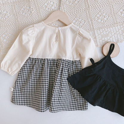 長袖セットアップ ベビー キッズ セットアップ チェック ドッキング ロンパース ワンピース キャミソール ベスト リンク 姉妹お揃い コーデ【mh0000736】