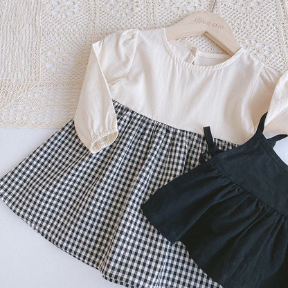 長袖セットアップ ベビー キッズ セットアップ チェック ドッキング ロンパース ワンピース キャミソール ベスト リンク 姉妹お揃い コーデ【mh0000736】