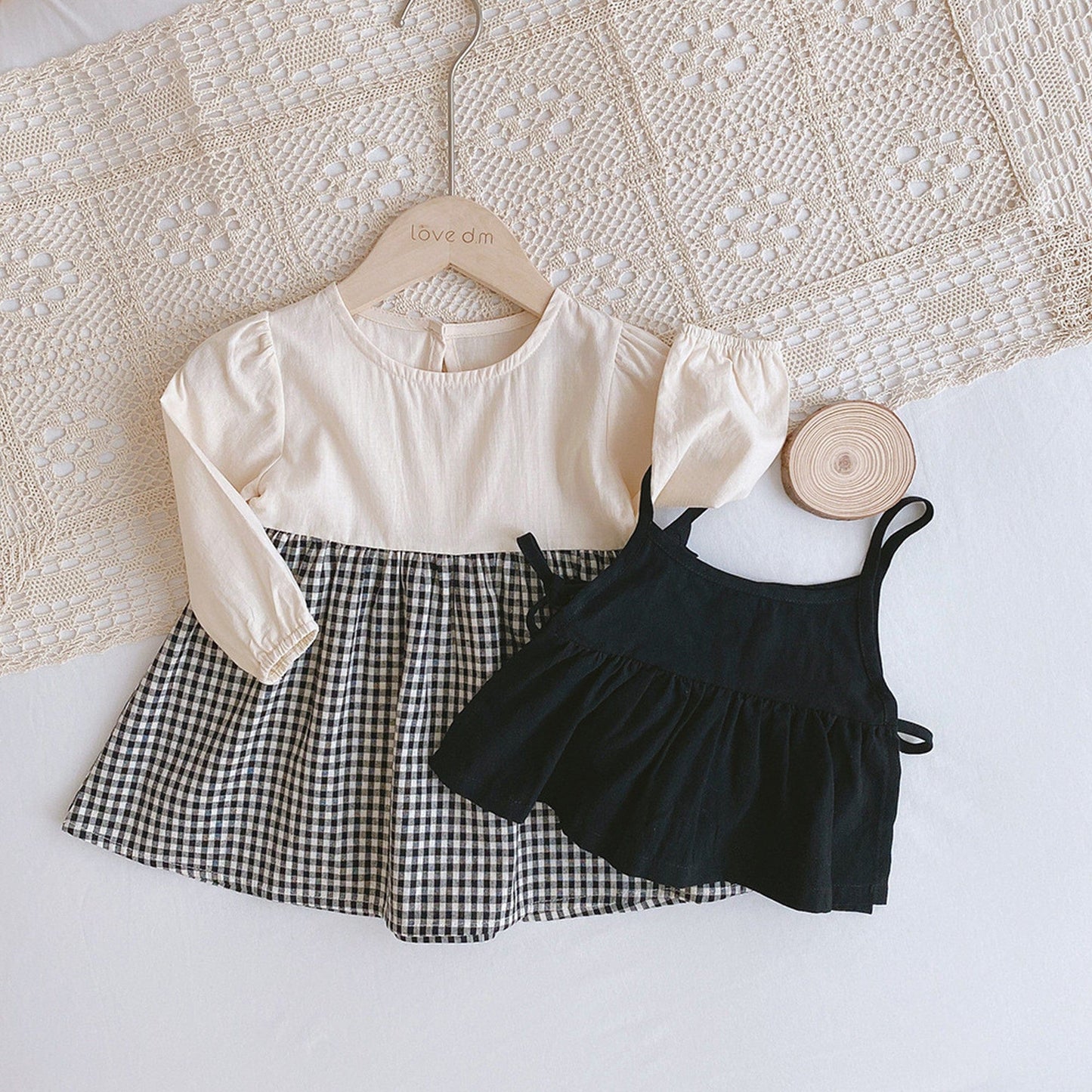 長袖セットアップ ベビー キッズ セットアップ チェック ドッキング ロンパース ワンピース キャミソール ベスト リンク 姉妹お揃い コーデ【mh0000736】