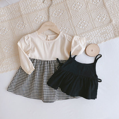 長袖セットアップ ベビー キッズ セットアップ チェック ドッキング ロンパース ワンピース キャミソール ベスト リンク 姉妹お揃い コーデ【mh0000736】