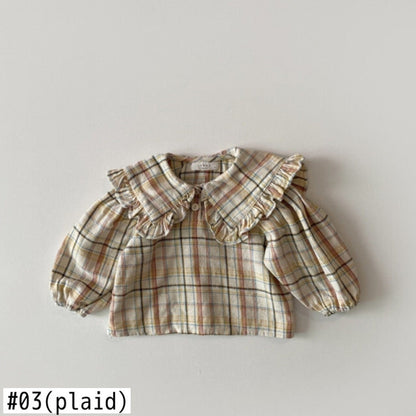 長袖シャツ・ブラウス ベビー チェック 無地 ビッグ襟 長袖 ブラウス シャツ【mh0000743】