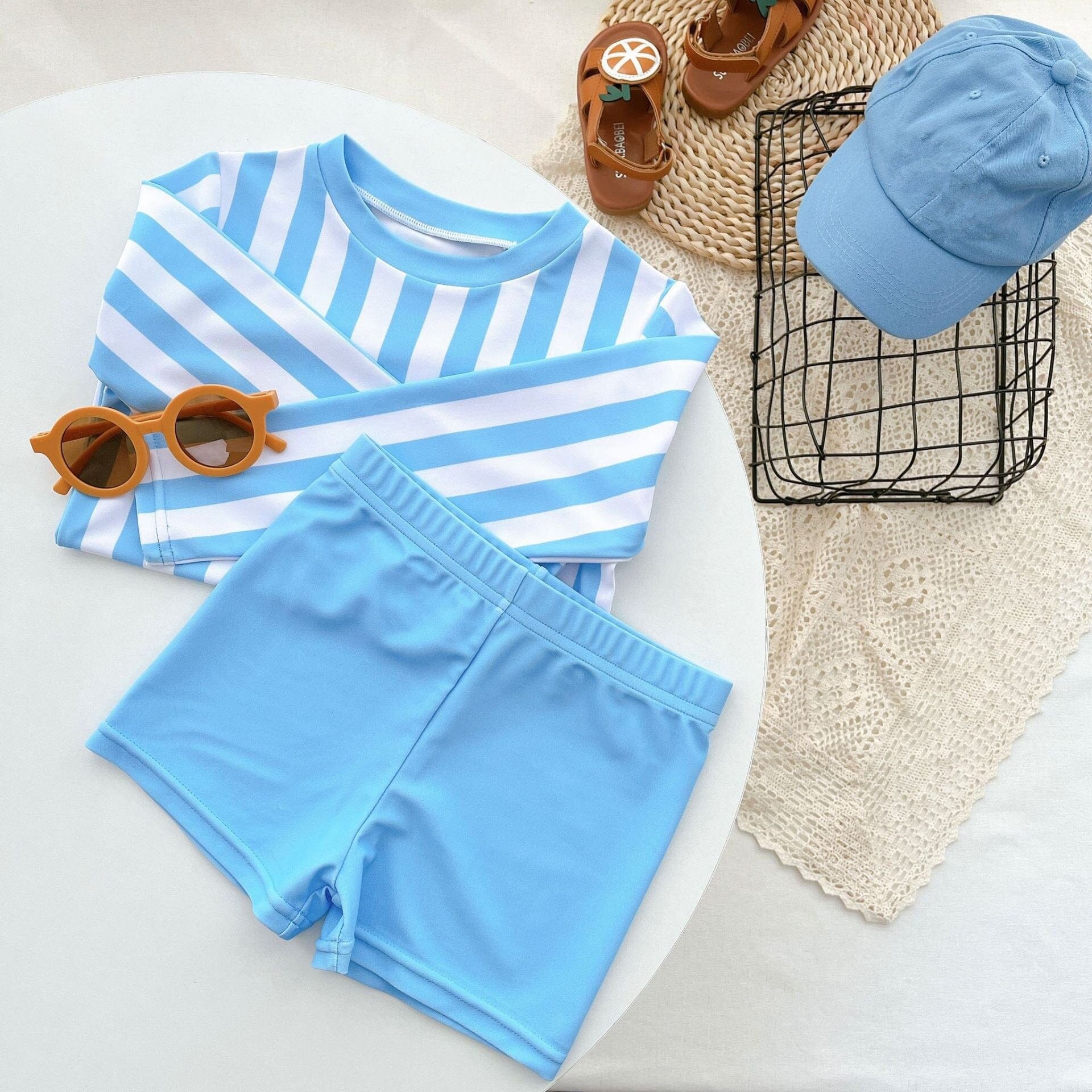 ベビー用水着 キッズ 水着 ストライプ ボーイズセット フリル ワンピース ツーピース スイムウェア リンク 兄弟 姉妹 お揃い コーデ【mh0000845】