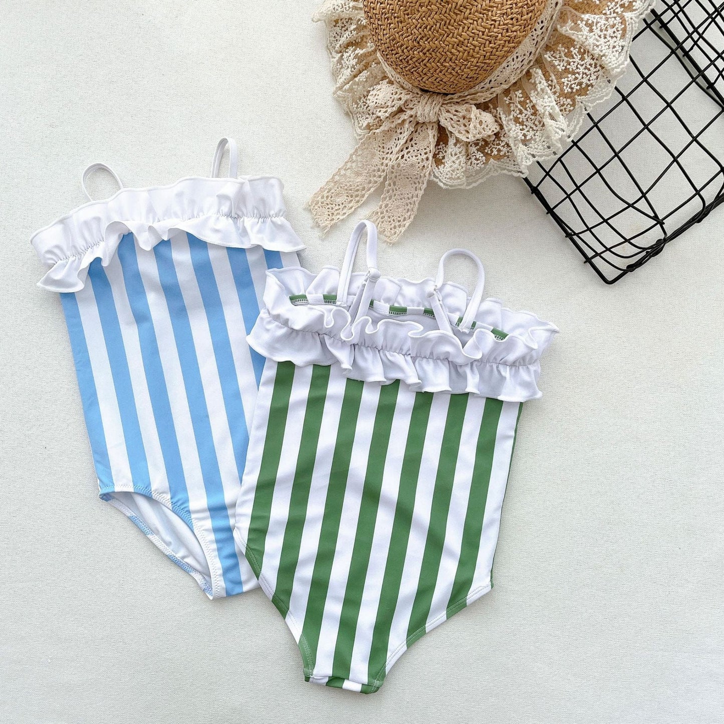 ベビー用水着 キッズ 水着 ストライプ ボーイズセット フリル ワンピース ツーピース スイムウェア リンク 兄弟 姉妹 お揃い コーデ【mh0000845】