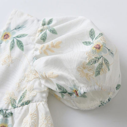 半袖ロンパース ベビー フラワー 刺繍 半袖 パフスリーブ ロンパース【mh0000872】