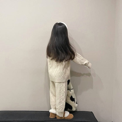 長袖セットアップ キッズ ニット セットアップ アランニット セーター トップス ルーズ パンツ【mh0001007】