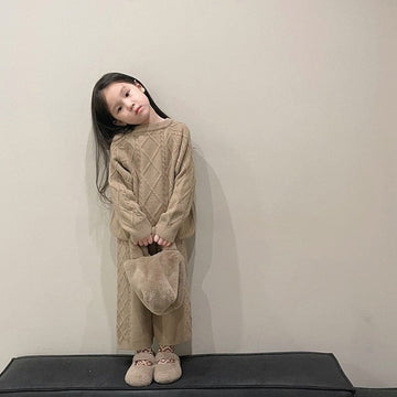 長袖セットアップ キッズ ニット セットアップ アランニット セーター トップス ルーズ パンツ【mh0001007】