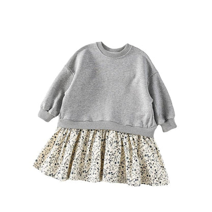 長袖ワンピース キッズ ドッキング スウェット フラワー スカート ワンピース【mh0001033】