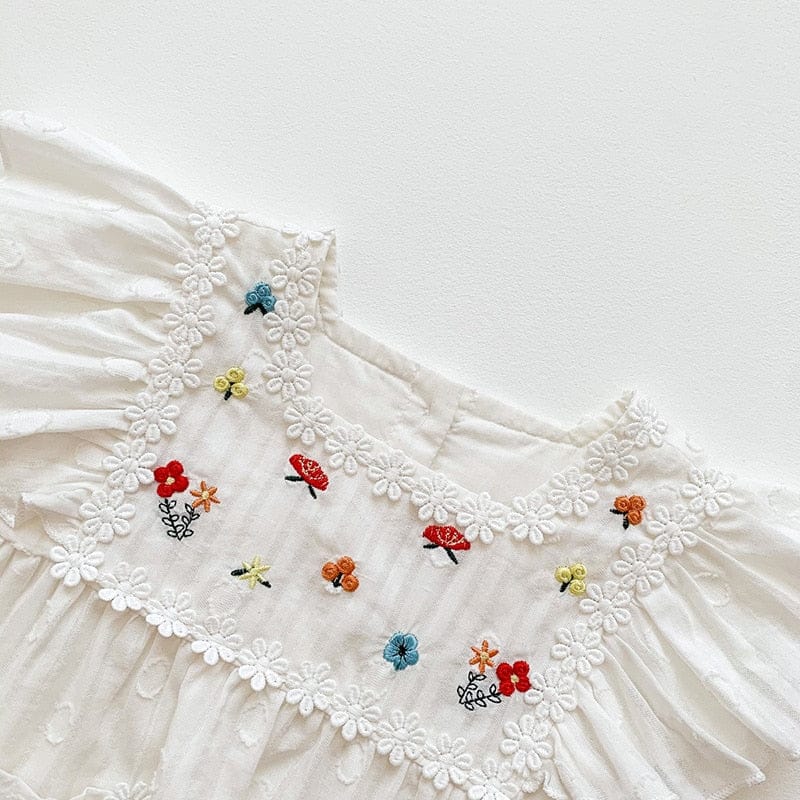 半袖ロンパース ベビー フラワー 刺繍 フリルスリーブ ロンパース【mh0001249】